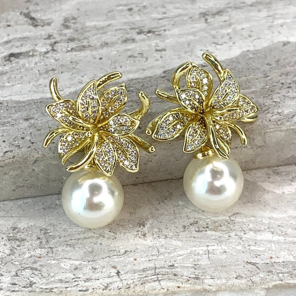 NEW ~ Anthropologie Pave Crystal Flower Pearl Dangle Earrings